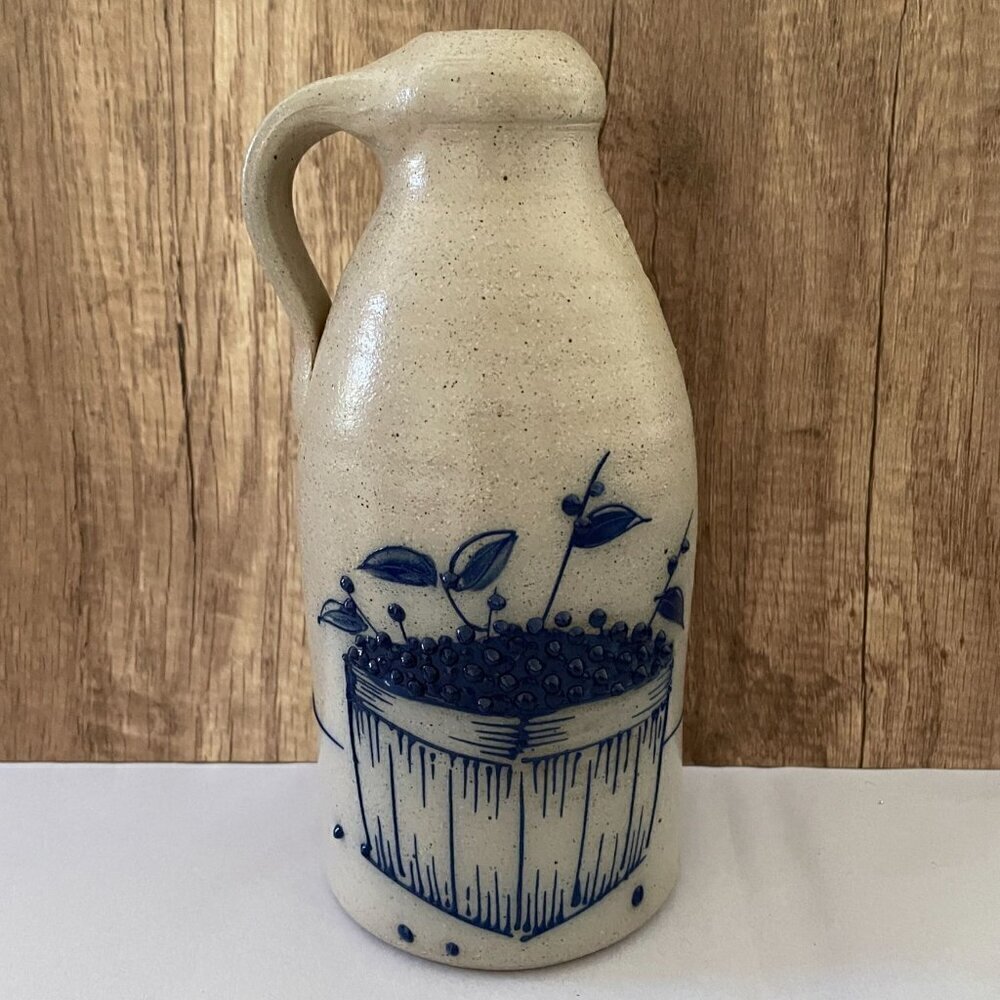 Salmon Fall Stoneware RARE 1991 Raised Blueberry Basket Handled Jug 9.5" Tall